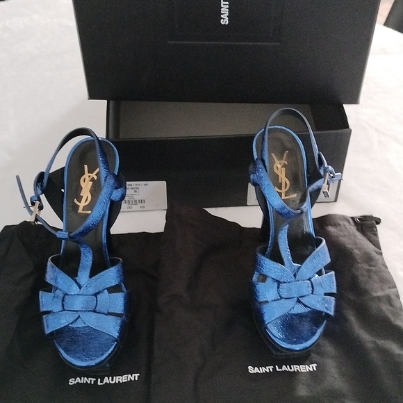 Saint Laurent Tribute Metallic Platform Sandal in Blue Metal size US5/35 - Picture 1 of 16